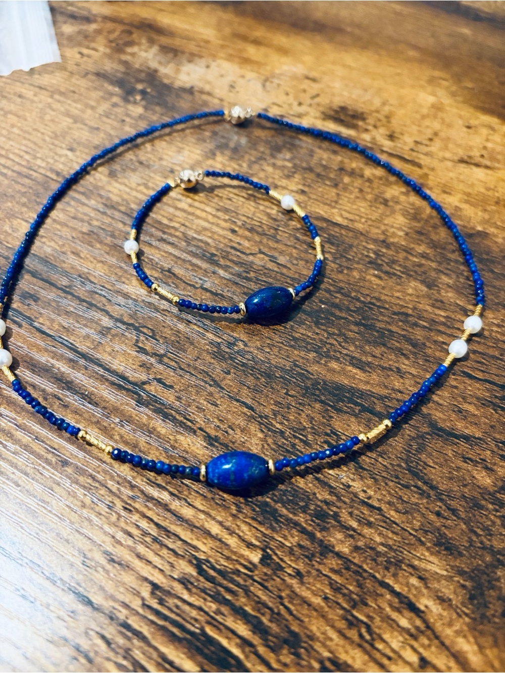 Handcrafted Lapis /fresh water pearl chocker Necklace and Bracelet Set - Accent